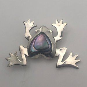 VTG Taxco Sterling Silver &Abalone Heart Frog Brooch 1.5” x 1”